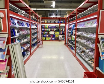 READING - DECEMBER 29: Office Administration Products Stacked In An Aisle Of Staples Reading On December 29, 2016 In Reading, Berkshire, UK.