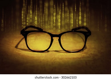  the reading eyeglasses absorb binary data , concept of future knowledge technology vision
