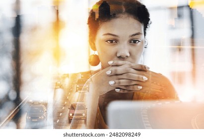 Reading, hands and businesswoman in office for feedback, review proposal or online report. Overlay, lens flare and employee for project development, professional or website notification on laptop - Powered by Shutterstock