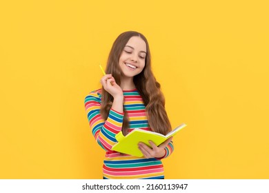 Reading Her School Essay. Happy Girl Hold Pen And Copybook. Essay Task. Essay-writing. Writing Story