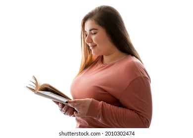 Reading Hobby. Intelligence Chill. Peaceful Leisure. Body Positive. Joyful Relaxed Obese Overweight Young Woman Enjoying Book Isolated In White Background.