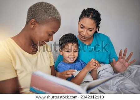Reading, LGBT family and child with a book in bed for knowledge, education and learning. Adoption, lesbian or gay women or parents and foster kid together in home bedroom with story for quality time