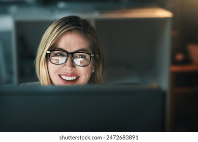 Reading, reflection and glasses of business woman in office for typing email, planning and working overtime. Professional, career and receptionist for administration, research and information on pc - Powered by Shutterstock