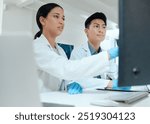 Reading, review or people on computer for science breakthrough, clinical trial or discovery. Online, medical mask or scientist checking results on PC for vaccine research, mpox cure or development