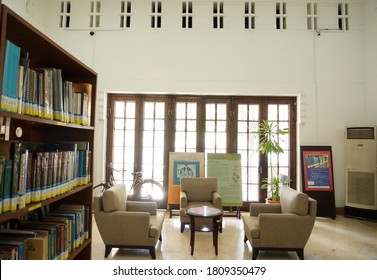reading room with neatly arranged bookshelves in the Mandiri Bank library building, Jalan Darmo, Surabaya, East Java, indonesia (surabaya, september 9 2019)                              