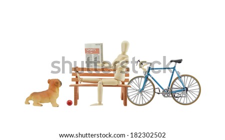 Reading Sports Section of Newspaper sitting on Bench isolated on white background