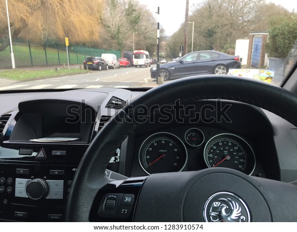 Reading, UK - January 14 2019: View from the\
driver\'s seat of a parked\
car,