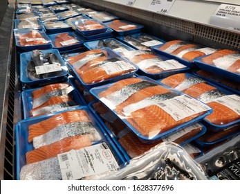 Reading, UK - January 25 2020: Fresh Fish In Packaging On Sale In A Fridge In A Supermarket.