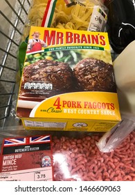 Reading, UK - July 29 2019: A box of Mr Brain's Faggots in a supermarket shopping trolley.