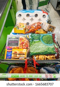 Reading, UK - March 5 2020: A Supermarket Trolley Full Of Goods.