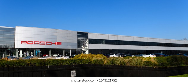 Reading, United Kingdom - February 06 2020:  The Frontage Of The Porsche Sports Car Show Room On Pincents Lane