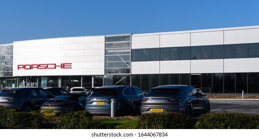 Reading, United Kingdom - February 06 2020:  The Frontage Of The Porsche Sports Car Show Room On Pincents Lane