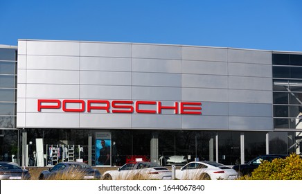 Reading, United Kingdom - February 06 2020:  The Frontage Of The Porsche Sports Car Show Room On Pincents Lane