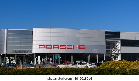 Reading, United Kingdom - February 06 2020:  The Frontage Of The Porsche Sports Car Show Room On Pincents Lane