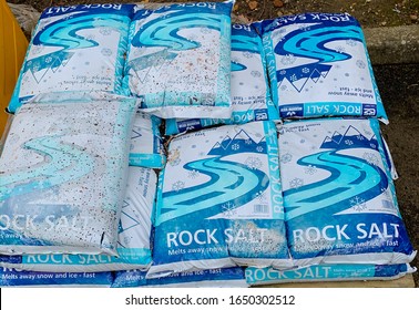 Reading, United Kingdom - February 14 2020:  Sacks Of Rock Salt For Gritting Roads To Prevent Ice On Pincents Lane