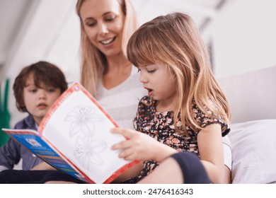 Reading, woman and children on sofa with book for bonding, teaching and learning together in home. Mother, son and daughter relax on couch with storytelling, smile and happy family in living room - Powered by Shutterstock