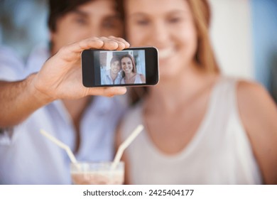 Ready. Couple, phone screen and photography for blog, date and time or milkshake on valentines day memories. Man, woman and selfie outdoor, capture and moment for weekend getaway and romantic vlog. - Powered by Shutterstock