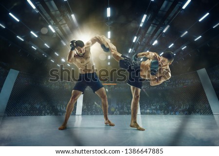 Ready to defend and attack. Two professional fighters posing on the sport boxing ring. Couple of fit muscular caucasian athletes or boxers fighting. Sport, competition and human emotions concept.
