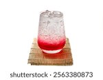 Ready for drink pictures of sweet red ice soda served on bamboo mat in white background and isolate concept.