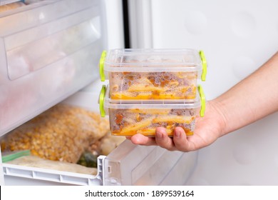 Ready Frozen Meal In A Container In The Refrigerator. Frozen Food In The Freezer. Fast Cooking Concept