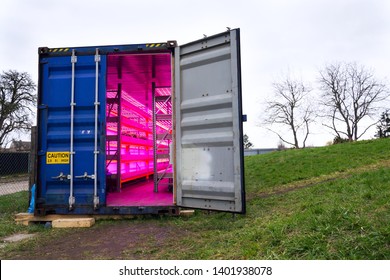 Ready to go shipping container with installed aquaponics, system combines fish aquaculture with hydroponics, cultivating plants in water under artificial lighting