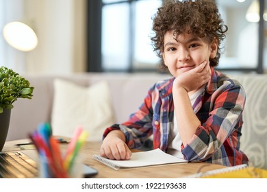 Ready for learning. Portrait of cute latin boy smiling at camera while sitting at the desk and doing homework at home