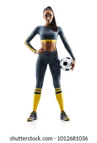 Ready to play. Soccer player woman standing in silhouette isolated on white background. Sport and healthy lifestyle