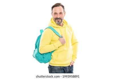 Ready To Study. Caucasian Man In Yellow Hoody With School Bag. Education For Adult.