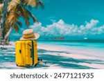 Ready for a Summer vacation. Yellow Suitcase at The Tropical Beach with Straw Hat. Summer vacation