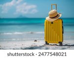 Ready for a Summer vacation. Yellow Suitcase at The Tropical Beach with Straw Hat. Summer vacation