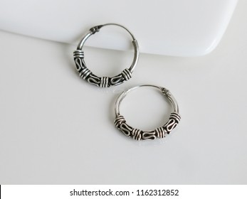 Real 9.25 Silver Earrings Bali Hoop Black Oxidized