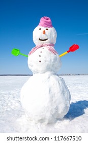 Real Big Snowman Blue Sky Background