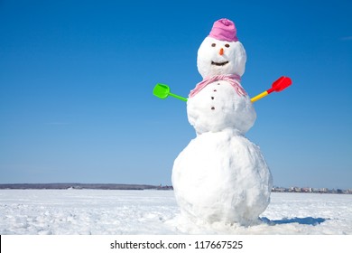 Real Big Snowman Blue Sky Background