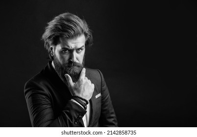 real boss in vest. mature bearded man. confidence and charisma. handsome man wear office suit. male beauty and fashion. brutal businessman with perfect beard and moustache. copy space