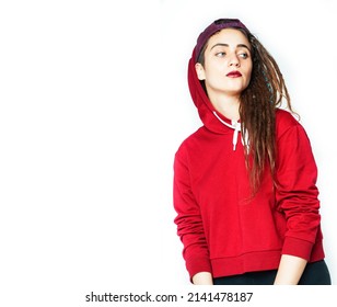 real caucasian woman with dreadlocks hairstyle funny cheerful faces on white background