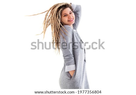 Real caucasian woman with dreadlocks hairstyle funny cute cheerful face