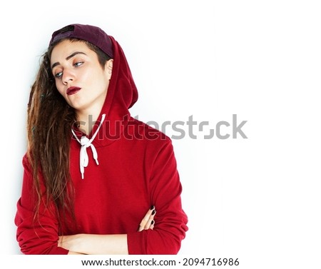 real Caucasian woman with dreadlocks hairstyle funny cheerful faces on white background