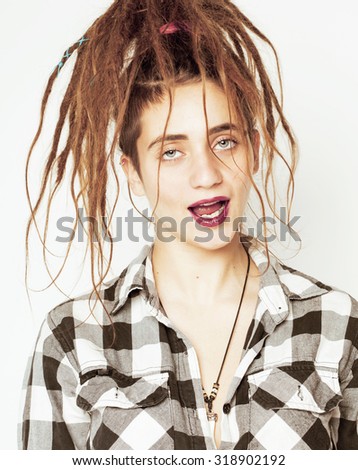 real caucasian woman with dreadlocks hairstyle funny cheerful faces on white background