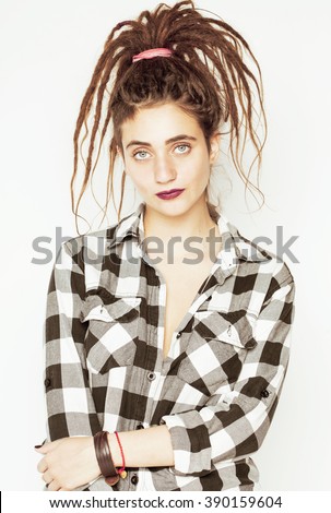 real caucasian woman with dreadlocks hairstyle funny cheerful faces on white