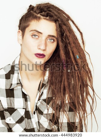 real caucasian woman with dreadlocks hairstyle funny cheerful faces on white