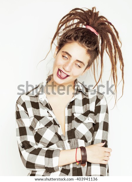 Real Caucasian Woman Dreadlocks Hairstyle Funny Stock Photo