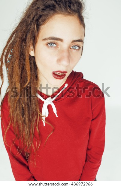 Real Caucasian Woman Dreadlocks Hairstyle Funny Stockfoto