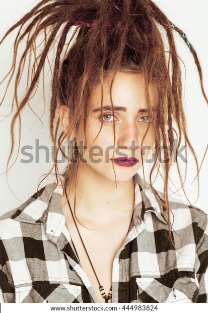 Real Caucasian Woman Dreadlocks Hairstyle Funny Stock Photo