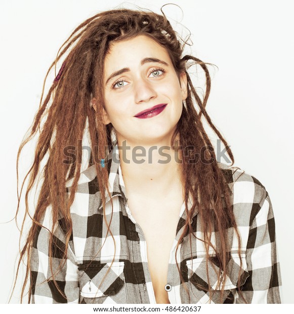 Real Caucasian Woman Dreadlocks Hairstyle Funny Stock Photo