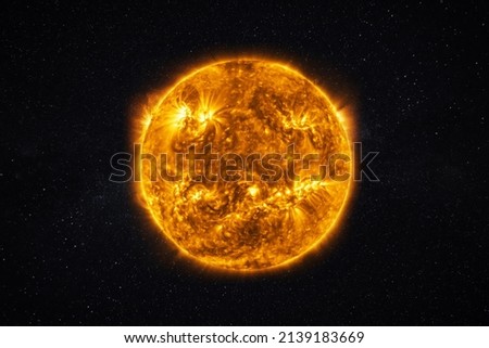 Real close up photo of the sun. Burning star with plasma emissions in the starry sky. The Sun star in the solar system