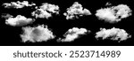 real Clouds set isolated on black background. White cloudiness, mist or smog background.