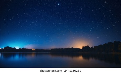 Real Colorful Night Stars Above Lepel Lake. Natural Starry Sky Background Backdrop Landscape. - Powered by Shutterstock