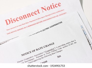 Real Disconnect Notice From A Rural Texas Electric Cooperative Association And Notice Of Rate Increase Sent During 2021 Winter Storm Disconnect Date Of Feb. 25, 2021
