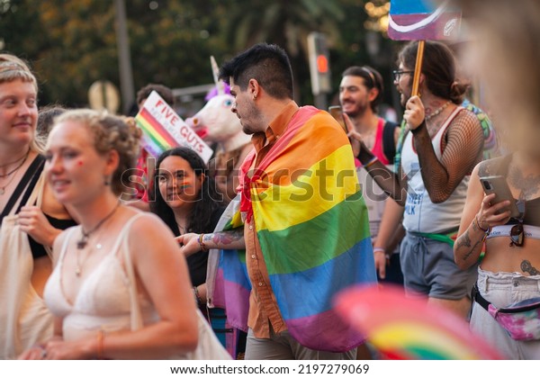 Real Diverse People Walking Rainbow Flags Stock Photo 2197279069 ...