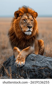 Real documentary nature photograph. A lion rests on a rock in the dry and arid savannah --ar 2:3 --stylize 800 Job ID: 5aa580e1-bc74-4b98-b43f-e60a76571ed1